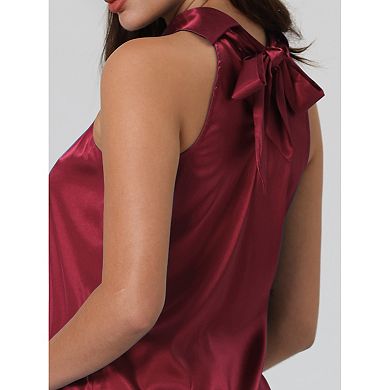 Women's Sleeveless Top Halter Neck Tie Back Satin Work Blouse