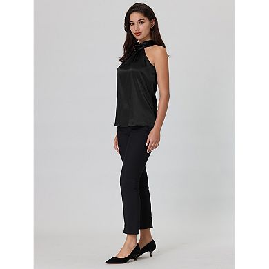 Women's Sleeveless Top Halter Neck Tie Back Satin Work Blouse
