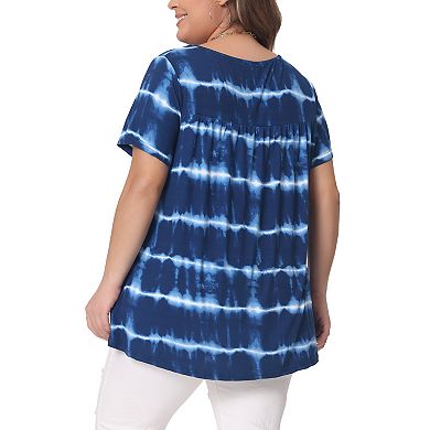 Plus Size Tops for Women Tie Dye Short Sleeve Casual Round Neck Pleated Summer Basic T Shirts