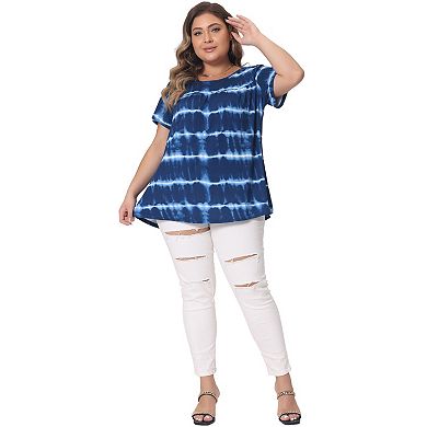 Plus Size Tops for Women Tie Dye Short Sleeve Casual Round Neck Pleated Summer Basic T Shirts