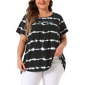 Plus Size Tops For Women Tie Dye Short Sleeve Casual Round Neck Pleated Summer Basic T Shirts