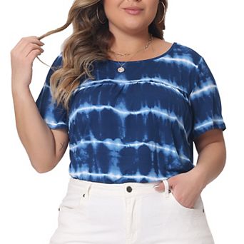 Plus Size Tops for Women Tie Dye Short Sleeve Casual Round Neck Pleated Summer Basic T Shirts