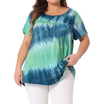 Plus Size Tops for Women Tie Dye Short Sleeve Casual Round Neck Pleated Summer Basic T Shirts