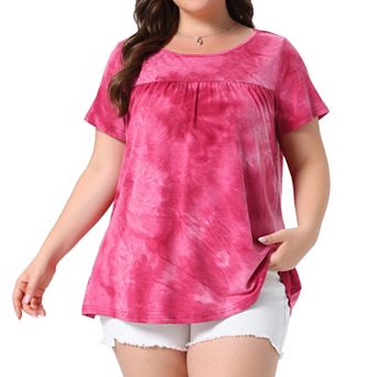 Plus Size Tops for Women Tie Dye Short Sleeve Casual Round Neck Pleated Summer Basic T Shirts