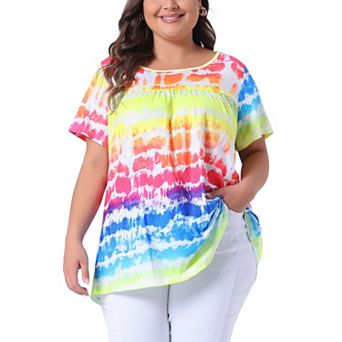 Plus Size Tops for Women Tie Dye Short Sleeve Casual Round Neck Pleated Summer Basic T Shirts