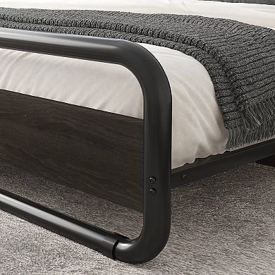 Full Heavy Duty Round Metal Frame Platform Bed With Black Wood Panel Headboard