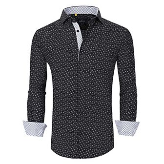 Azaro Uomo Men Slim Fit Four-way Stretch Geometric Long Sleeve Button Down