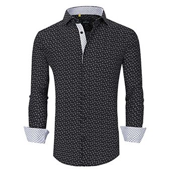 Azaro Uomo Men Slim Fit Four-way Stretch Geometric Long Sleeve Button Down