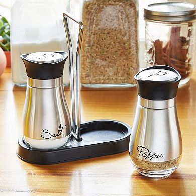 3 Piece Stainless Steel Salt And Pepper Shakers Set With Holder (4 Oz)