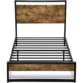 Twin Size Metal Wood Platform Bed Frame With Industrial Headboard