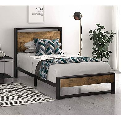 Twin Size Metal Wood Platform Bed Frame With Industrial Headboard