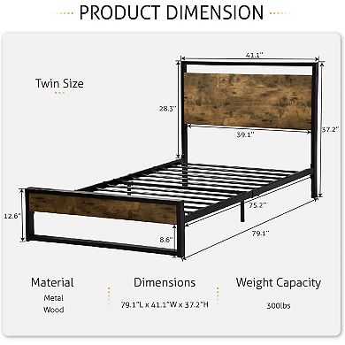 Twin Size Metal Wood Platform Bed Frame With Industrial Headboard
