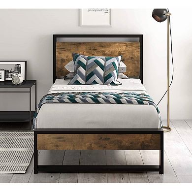 Twin Size Metal Wood Platform Bed Frame With Industrial Headboard