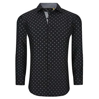 Azaro Uomo Men Slim Fit Four-way Stretch Geometric Long Sleeve Button Down