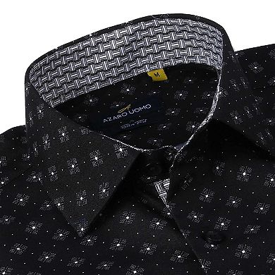 Azaro Uomo Men Slim Fit Four-way Stretch Geometric Long Sleeve Button Down
