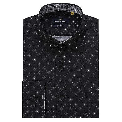 Azaro Uomo Men Slim Fit Four-way Stretch Geometric Long Sleeve Button Down