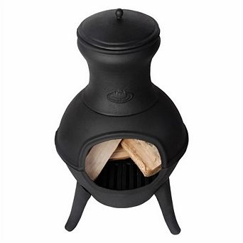 Outdoor Chimenea Fire Pit Black Cast Iron with Lid and Removable Bottom Plate 16 x 28 Inch