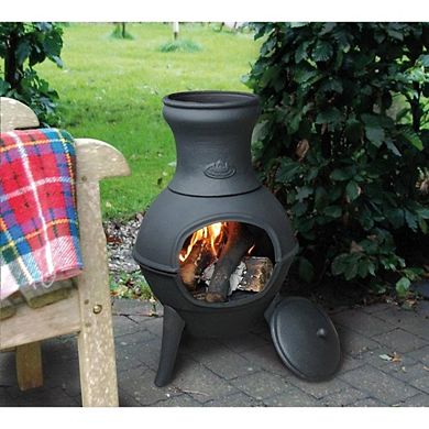 Outdoor Chimenea Fire Pit Black Cast Iron with Lid and Removable Bottom Plate 16 x 28 Inch