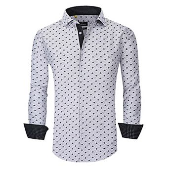 Azaro Uomo Men Slim Fit Four-way Stretch Geometric Long Sleeve Button Down