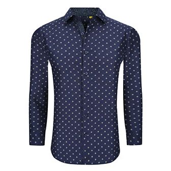 Azaro Uomo Men Slim Fit Four-way Stretch Geometric Long Sleeve Button Down
