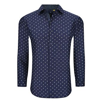 Azaro Uomo Men Slim Fit Four-way Stretch Geometric Long Sleeve Button Down