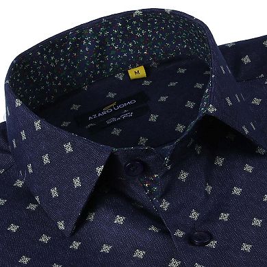 Azaro Uomo Men Slim Fit Four-way Stretch Geometric Long Sleeve Button Down