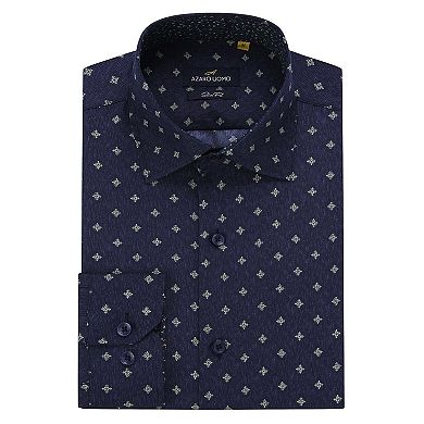 Azaro Uomo Men Slim Fit Four-way Stretch Geometric Long Sleeve Button Down