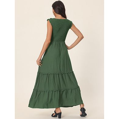 Women's Sleeveless Summer Dress Scoop Neck Ruffle Tiered Casual Maxi Dress with Pockets