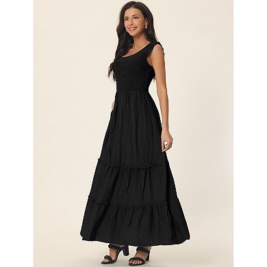 Women's Sleeveless Summer Dress Scoop Neck Ruffle Tiered Casual Maxi Dress With Pockets
