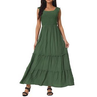 Women's Sleeveless Summer Dress Scoop Neck Ruffle Tiered Casual Maxi Dress With Pockets