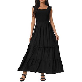 Women's Sleeveless Summer Dress Scoop Neck Ruffle Tiered Casual Maxi Dress With Pockets