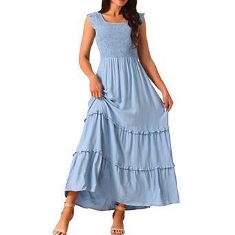 Women's Sleeveless Summer Dress Scoop Neck Ruffle Tiered Casual Maxi Dress With Pockets