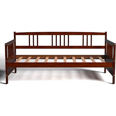 Twin Size 2-in-1 Wood Daybed Frame Sofa Bed In Brown Cherry Finish