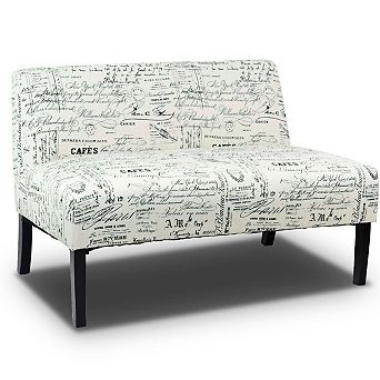 Modern Loveseat Sofa With Off-white Cursive Pattern Upholstery And Black Wood Legs