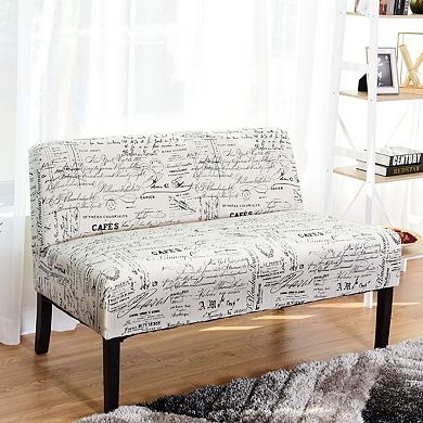 Modern Loveseat Sofa With Off-white Cursive Pattern Upholstery And Black Wood Legs