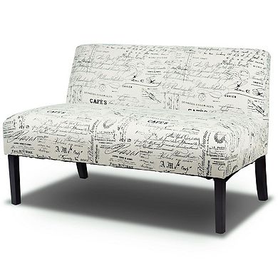 Modern Loveseat Sofa With Off-white Cursive Pattern Upholstery And Black Wood Legs