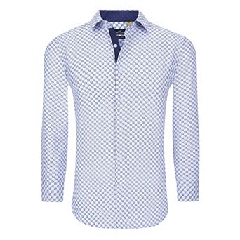 Azaro Uomo Men Slim Fit Four-way Stretch Geometric Long Sleeve Button Down