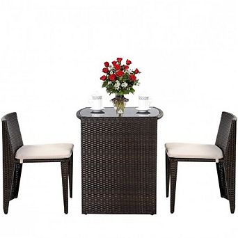 3 pc Compact Espresso/white Wicker Patio Cushioned Outdoor Chair Table Set