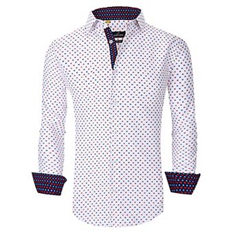 Azaro Uomo Men Slim Fit Four-way Stretch Geometric Long Sleeve Button Down
