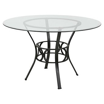 Round 48-inch Clear Glass Dining Table With Black Metal Frame