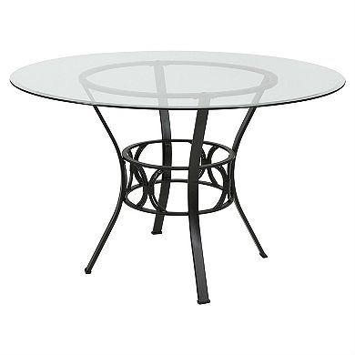Round 48-inch Clear Glass Dining Table With Black Metal Frame