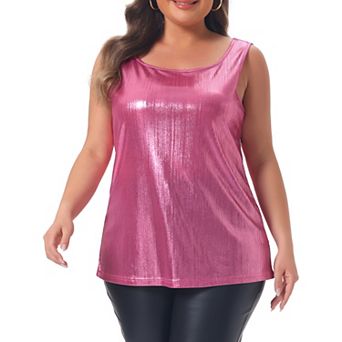 Women's Plus Size Shiny Metallic Round Neck Sleeveless Party Tank Top