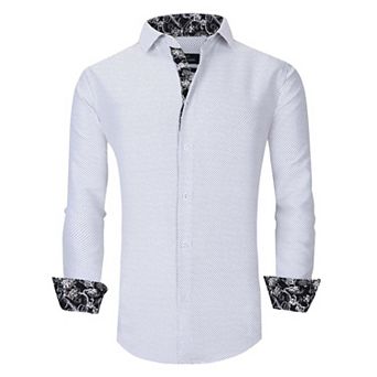 Azaro Uomo Men Slim Fit Four-way Stretch Geometric Long Sleeve Button Down
