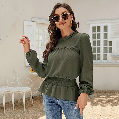 Women Lantern Blouses Long Sleeve Mock Neck Shirts Swiss Dot Ruffle Hem Solid Tops