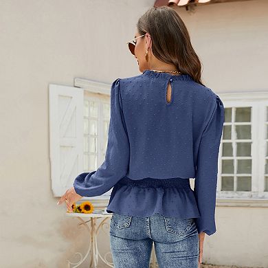 Women Lantern Blouses Long Sleeve Mock Neck Shirts Swiss Dot Ruffle Hem Solid Tops