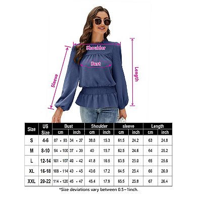 Women Lantern Blouses Long Sleeve Mock Neck Shirts Swiss Dot Ruffle Hem Solid Tops