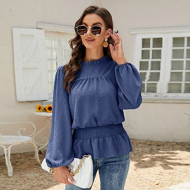 Women Lantern Blouses Long Sleeve Mock Neck Shirts Swiss Dot Ruffle Hem Solid Tops