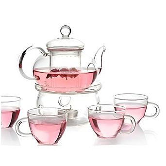 6 pc Glass Tea Pot Set with Warmer Infuser and 4 cup for Loose Leaf Tea Clear