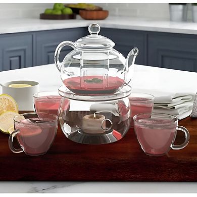6-Piece Glass Tea Pot Set with Warmer Infuser and 4 Cups for Loose Leaf Tea Clear