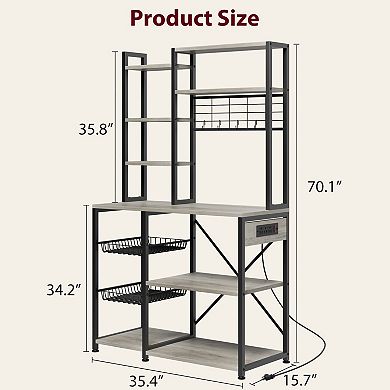 Bakers Rack with Power Outlet, Microwave Stand with 2 Wire Drawer, Industrial Coffee Bar Station